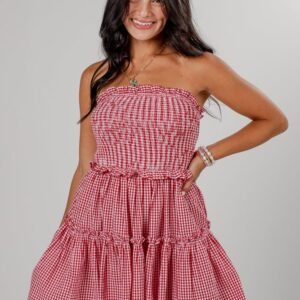 A Little Statement Red Gingham Smocked Mini Dress