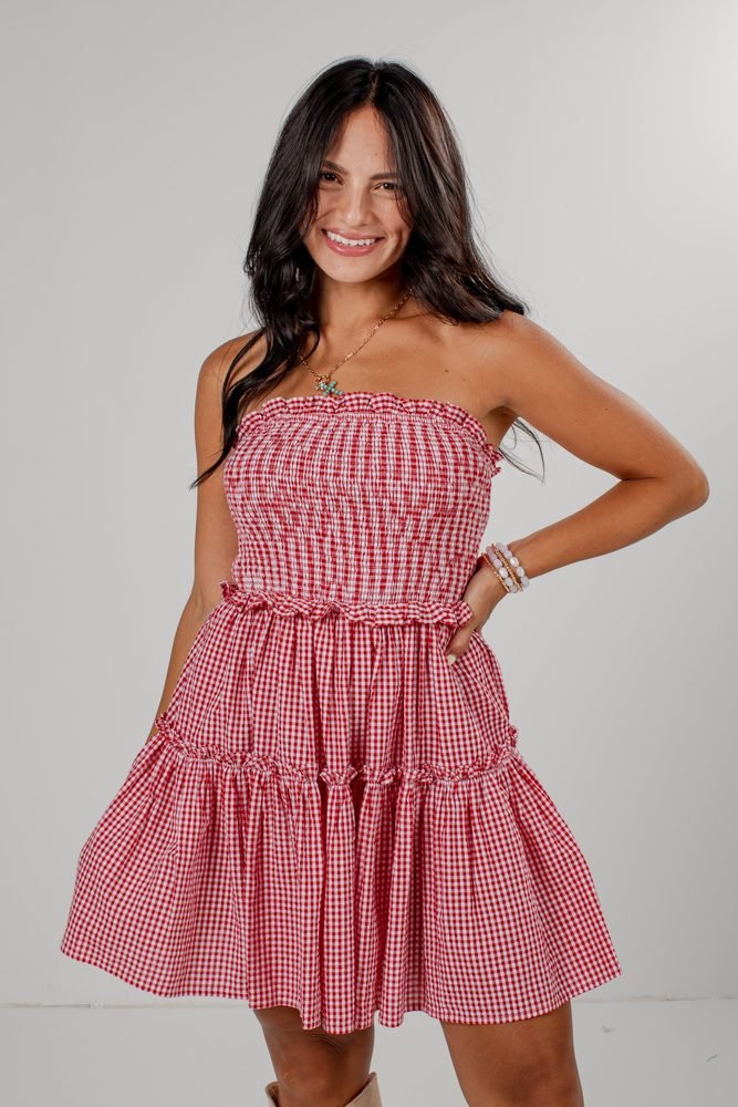 A Little Statement Red Gingham Smocked Mini Dress