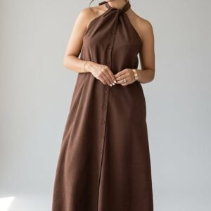 Autumn Stroll Brown Button Front Midi Dress