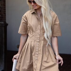Chestnut Lane Taupe Button-Up Pleated Mini Dress