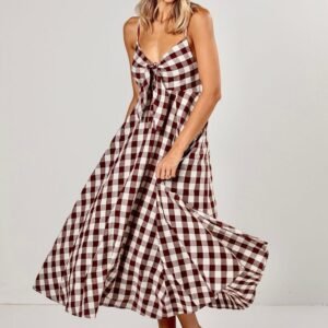 Countryside Stroll Gingham Brown Midi Dress