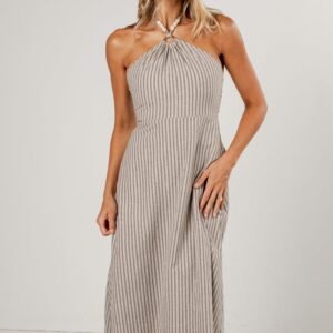 Fall In Line Natural Stripe Halter Midi Dress