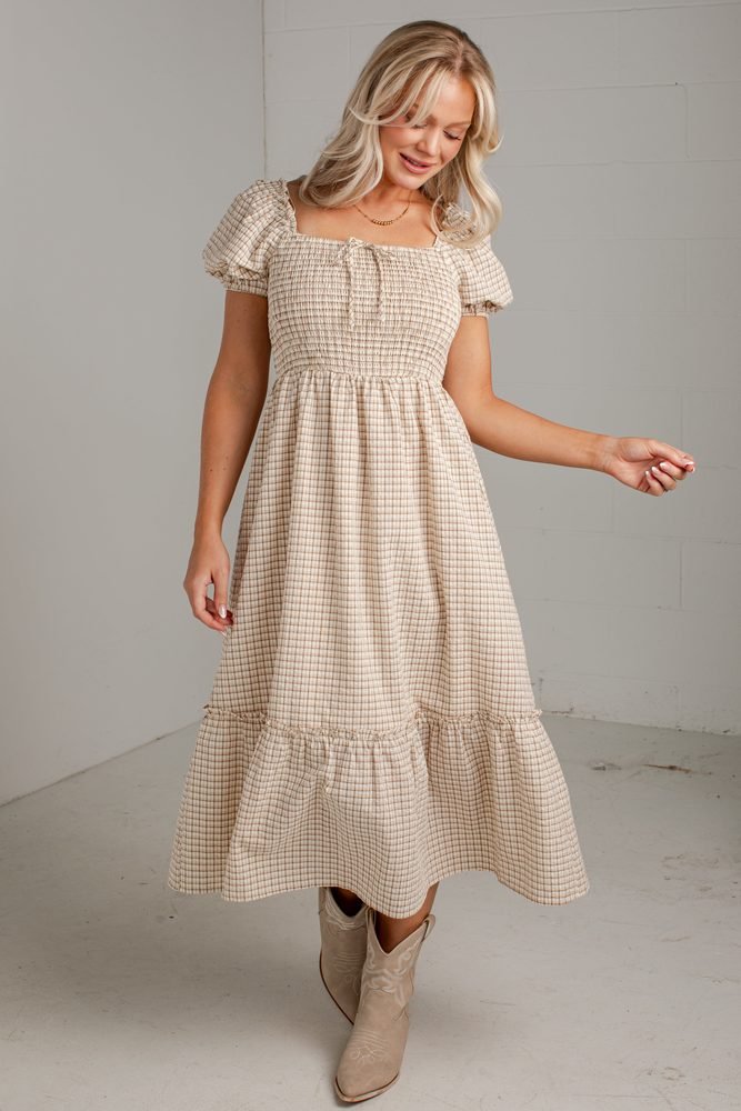 First Impression Plaid Cream Maxi Dress