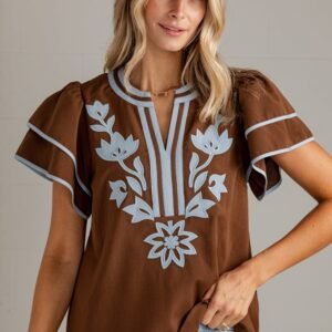 Golden Prairie Brown Embroidered Top