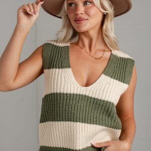 Harvest Season Light Olive Striped Knit Sweater Vest