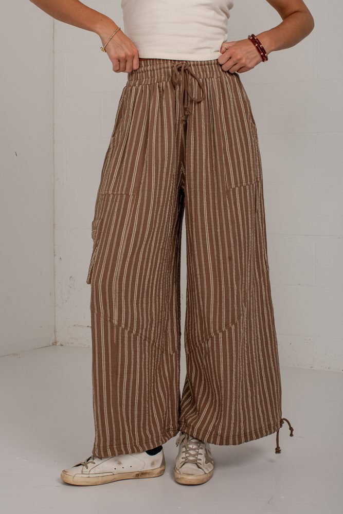 In Print Tan Striped Cargo Pants