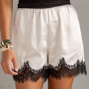 Off The Clock Champagne Satin Lace Shorts