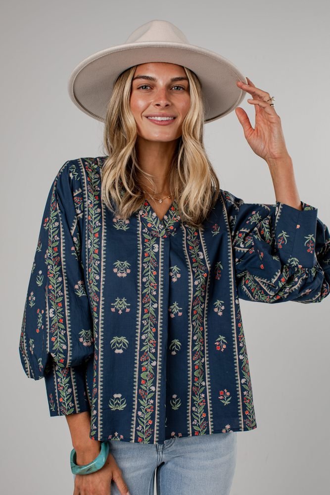 Painted Autumn Navy Floral Blouse
