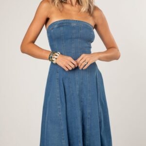 Perfectly Blue Denim Pleated Midi Dress
