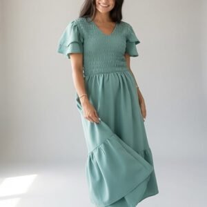 She Means Business Sage Smocked Midi Dress