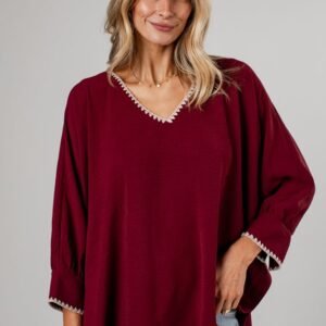 Worth The Attention Burgundy Contrast Trim Blouse